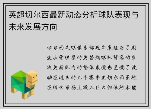 英超切尔西最新动态分析球队表现与未来发展方向